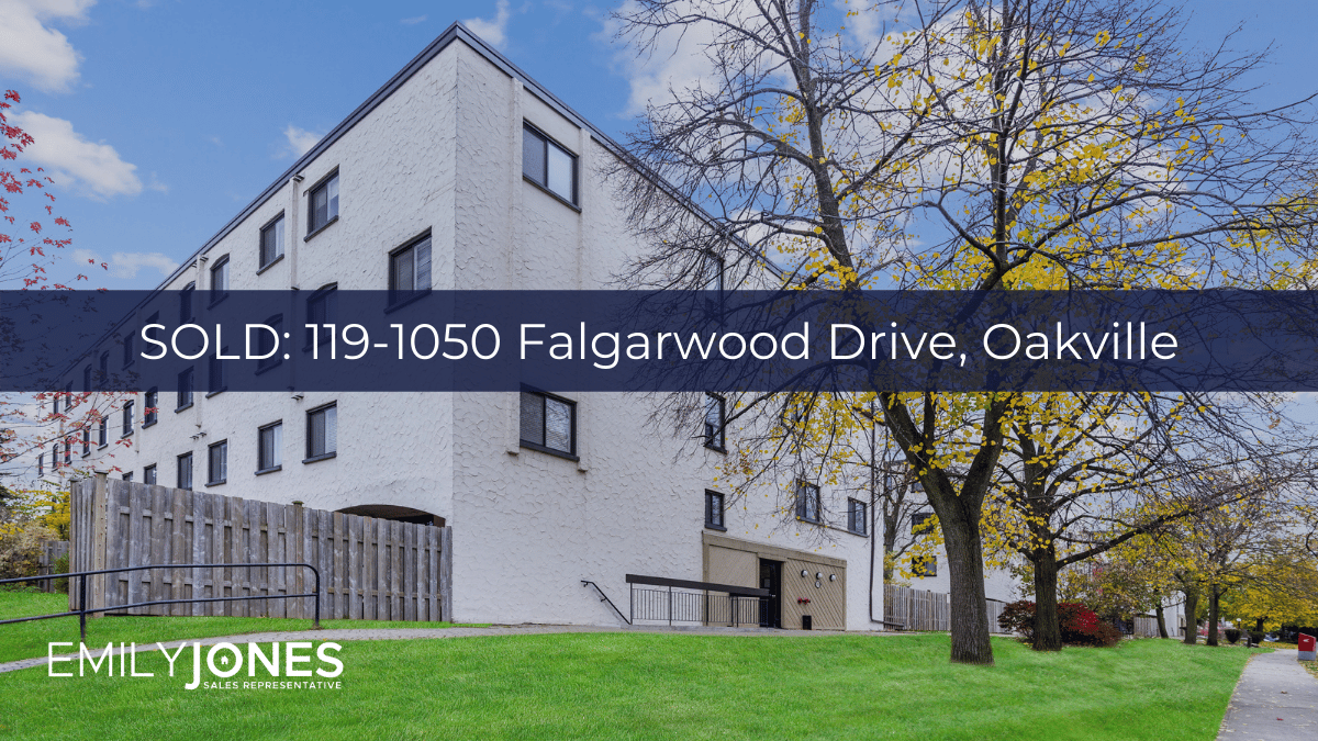 Text overlay SOLD: 119-1050 Falgarwood Drive, Oakville over photo of stacked townhouse building