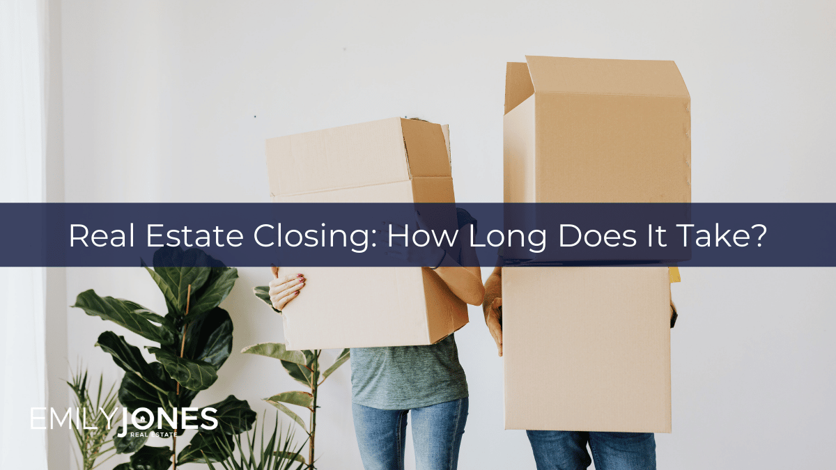Two people holding moving boxes with overlay: Real Estate Closing - How Long Does It Take?